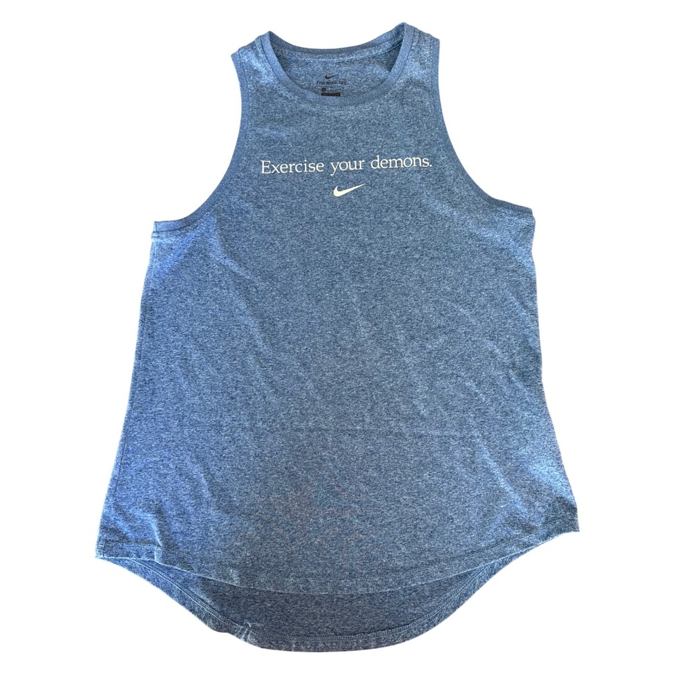 Nike Dri-FIT Exercise Your Demons Graphic Tank Top Blue Heathered Womens Medium